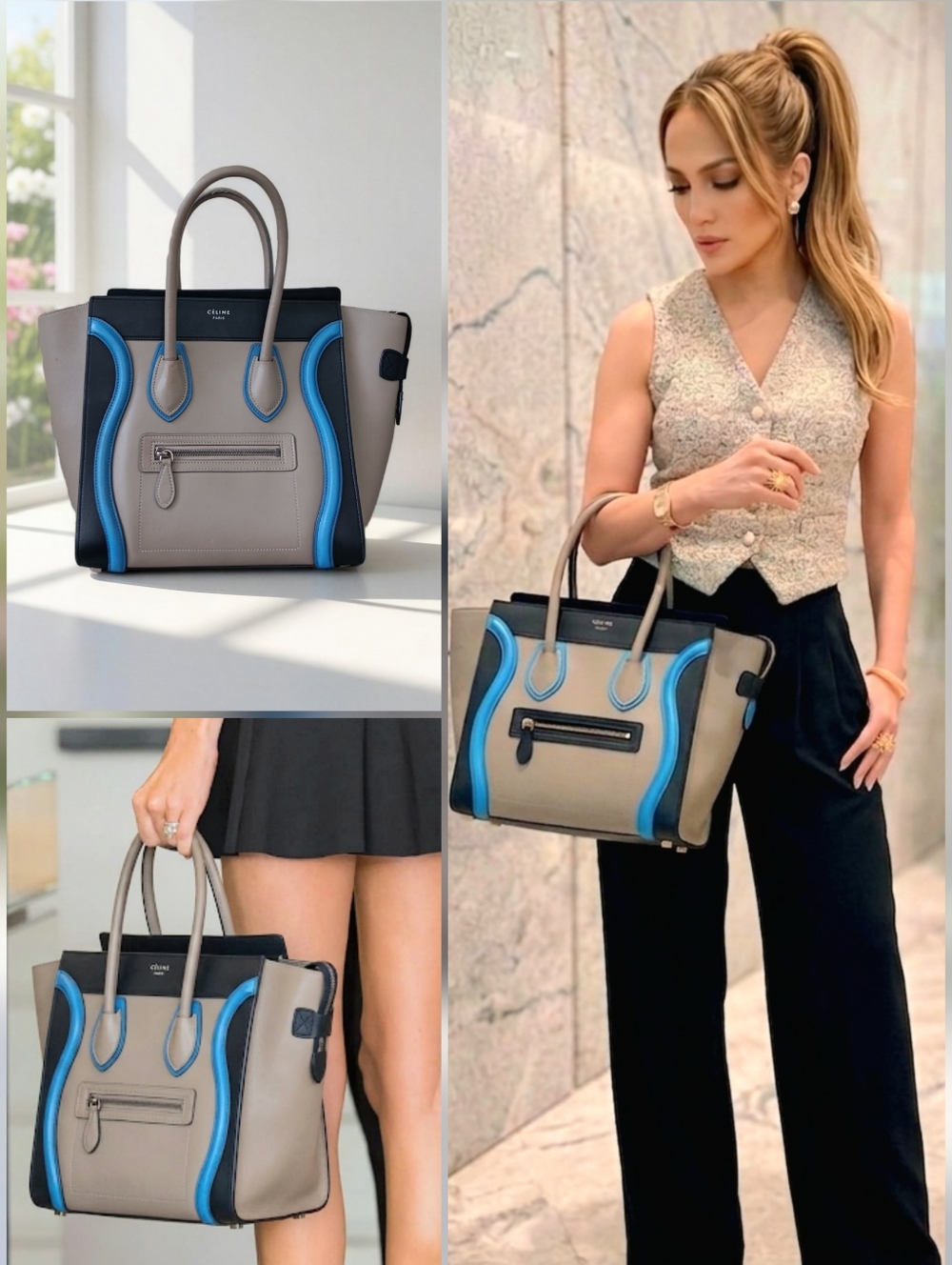 Celine Micro Luggage Tote Tricolor Leather Beige Blue Black Italy ✨ EUC